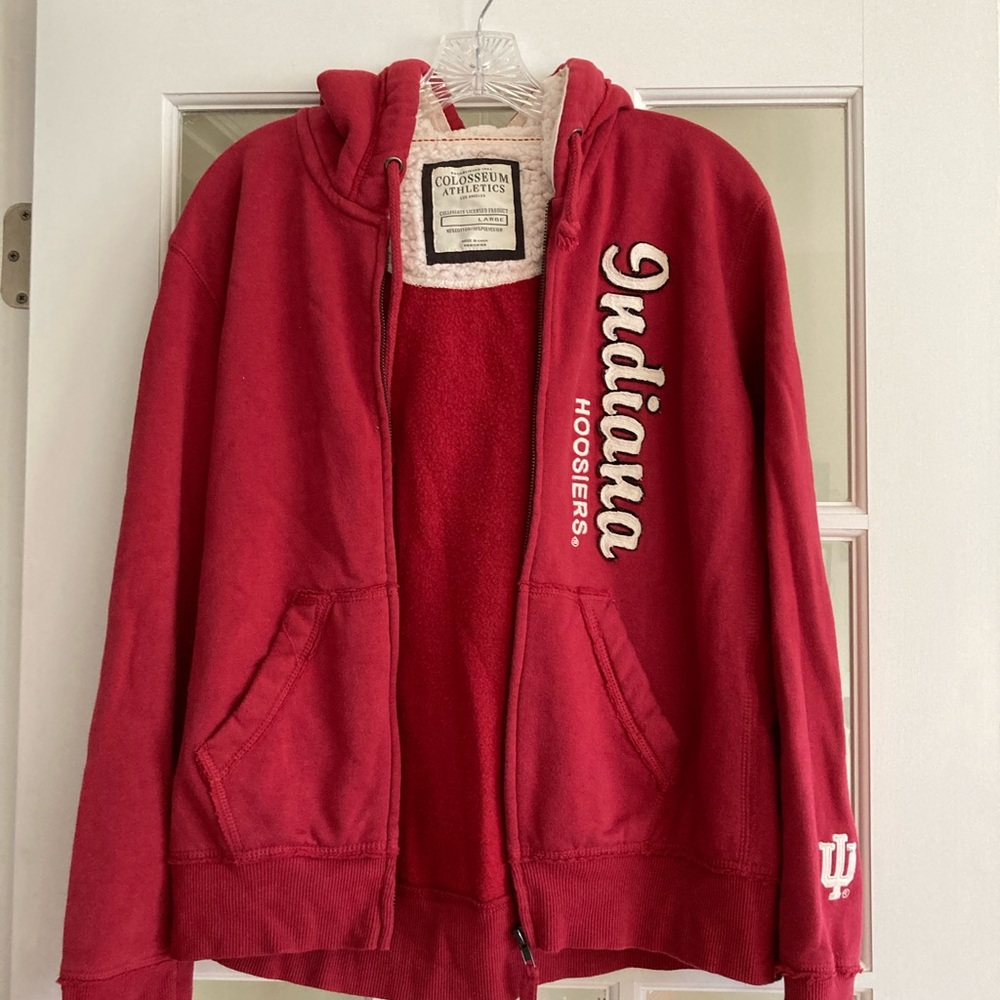 Colosseum IU zip-up hooded sweatshirt.  Size Large.  Red/cream.  Barely worn